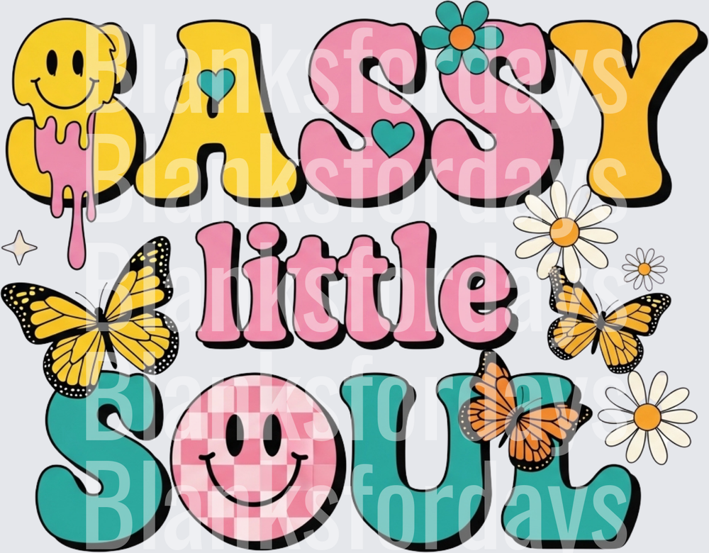 Sassy Little Soul Retro Groovy Butterflies Daisies Smiley (DTF)