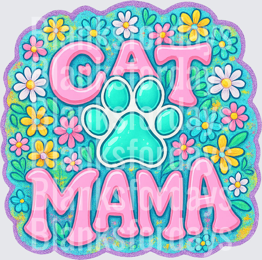 Cat Mama Floral Paw Print Pink Teal Scallop Design (DTF)