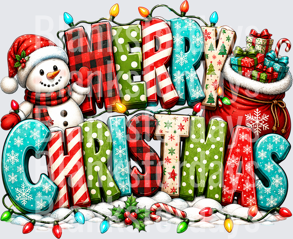 Merry Christmas Snowman Santa Sack Patterned Bold Letters (DTF)