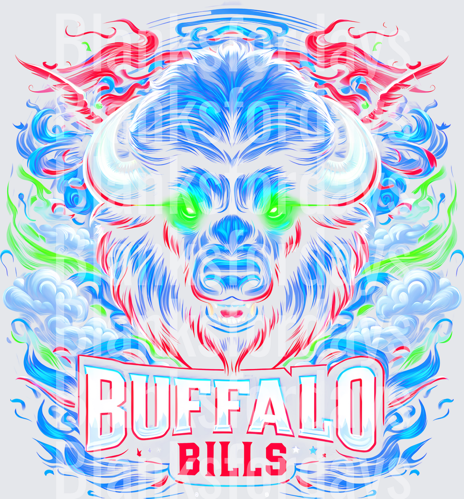 Buffalo Bills Glowing Bison Mystic Blue Red Flame Art (DTF)