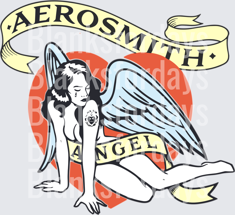 Aerosmith Angel Pinup Tattoo Style Banner Heart Design (DTF)