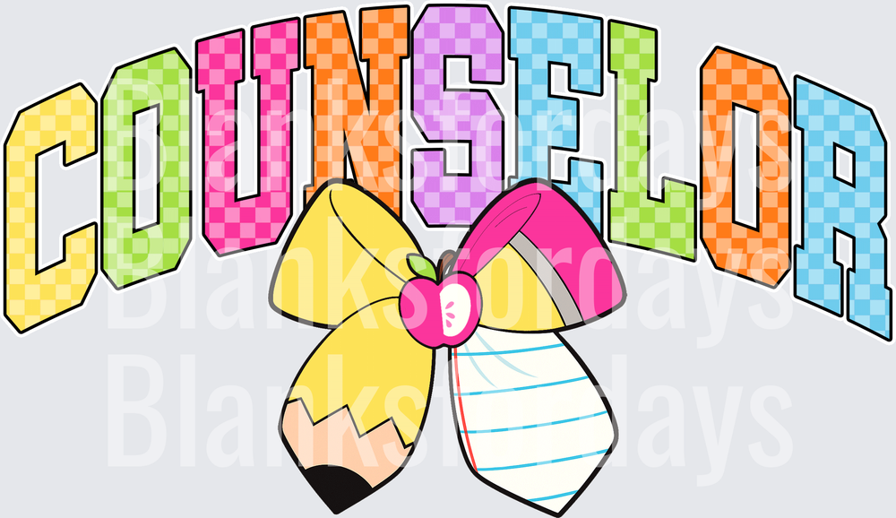 Colorful Checkered COUNSELOR Arch with Pencil Bow and Apple (DTF)