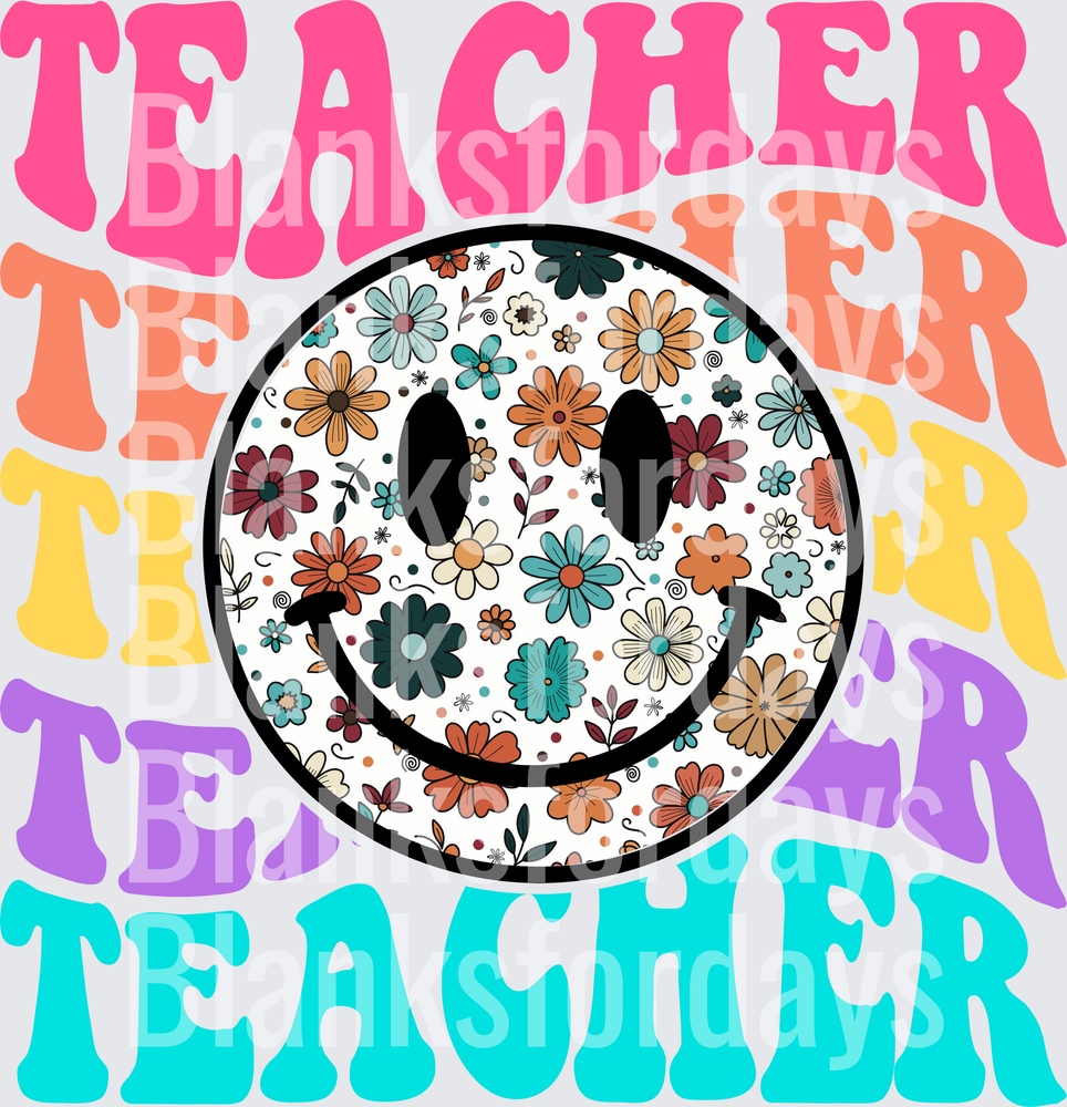 Retro Floral Smiley Face Teacher Stacked Rainbow Text (DTF)