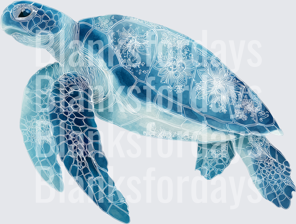 Blue Watercolor Sea Turtle with Floral Mandala Shell Art (DTF)