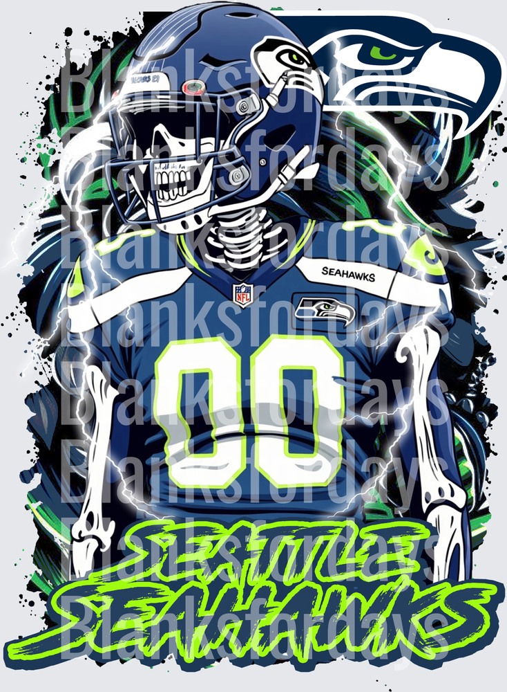 Seattle Seahawks Skeleton Player Lightning Splatter Design (DTF)