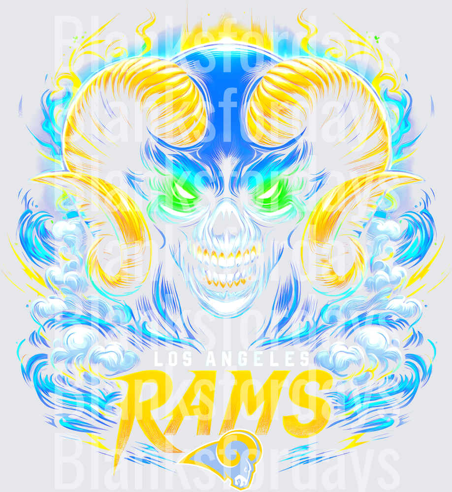 Los Angeles Rams Glowing Skull Ram Horns Blue Gold Flames (DTF)