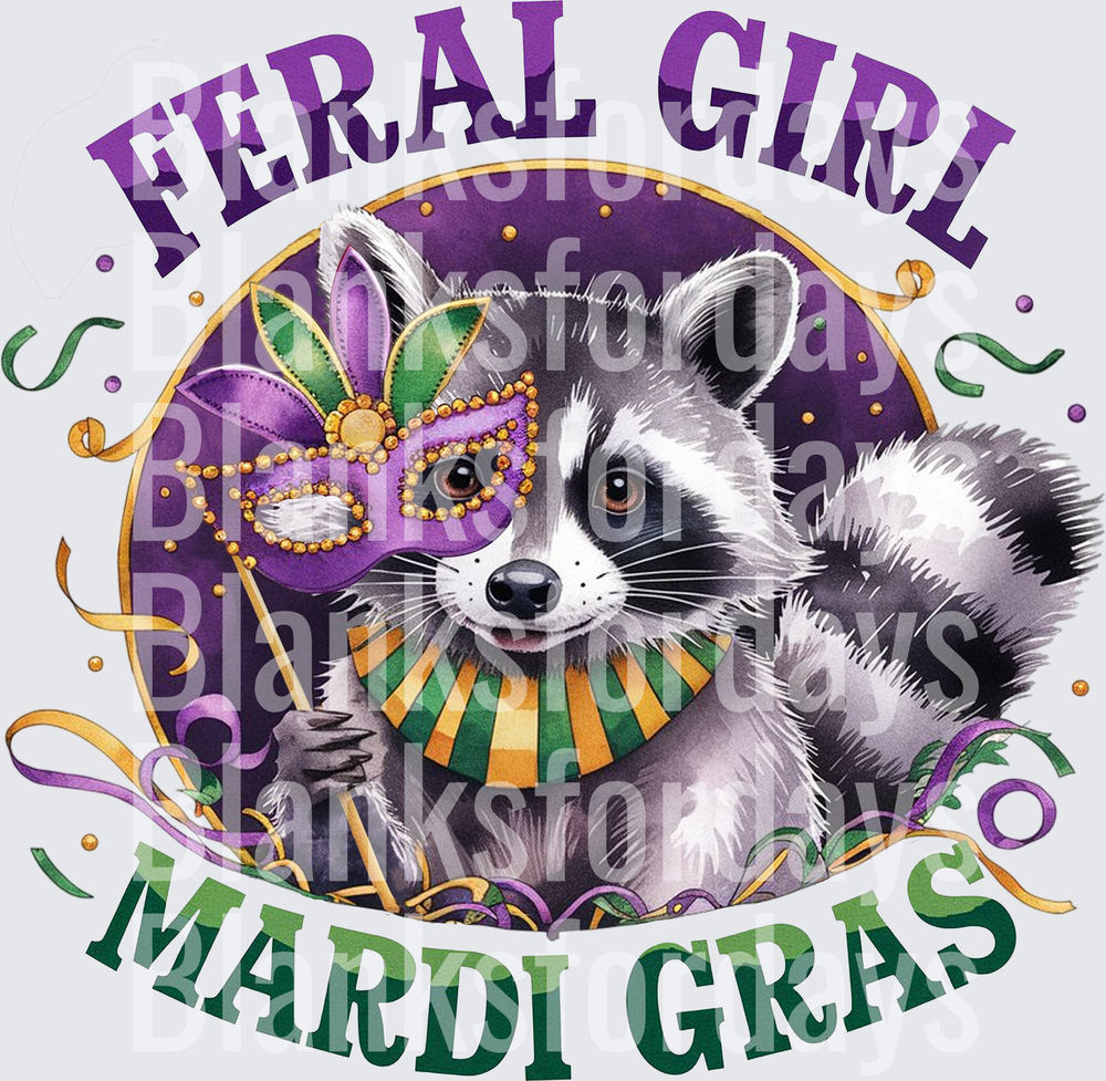 Feral Girl Mardi Gras Raccoon with Masquerade Mask (DTF)