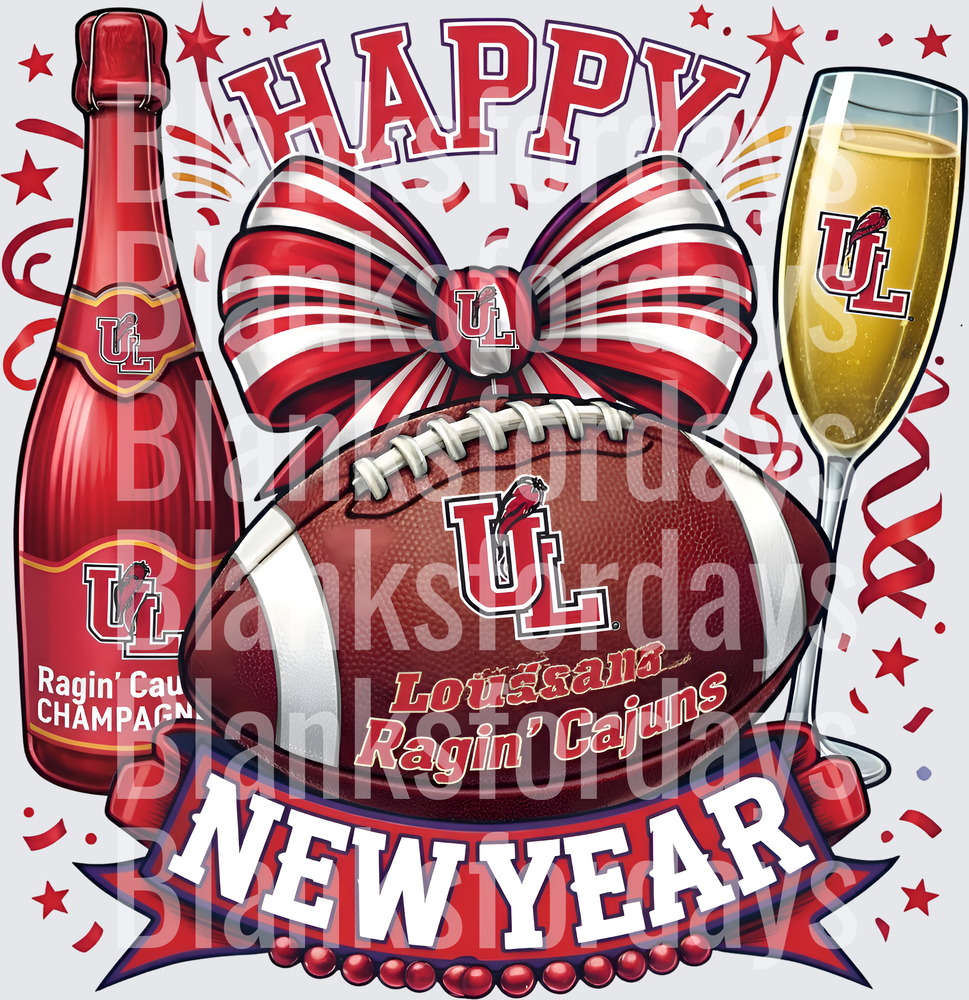 Happy New Year Louisiana Ragin Cajuns UL Football Bow (DTF)