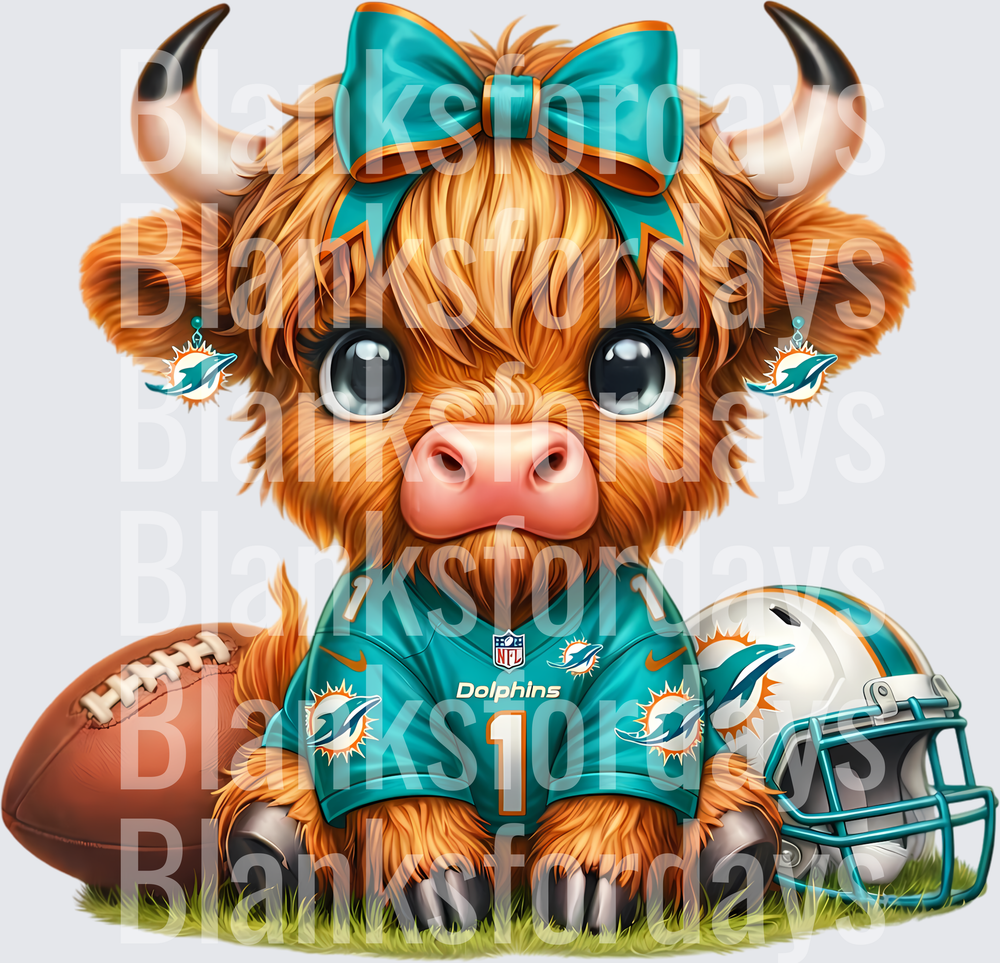 Cute Highland Cow Miami Dolphins NFL Fan with Bow and Helmet (DTF)