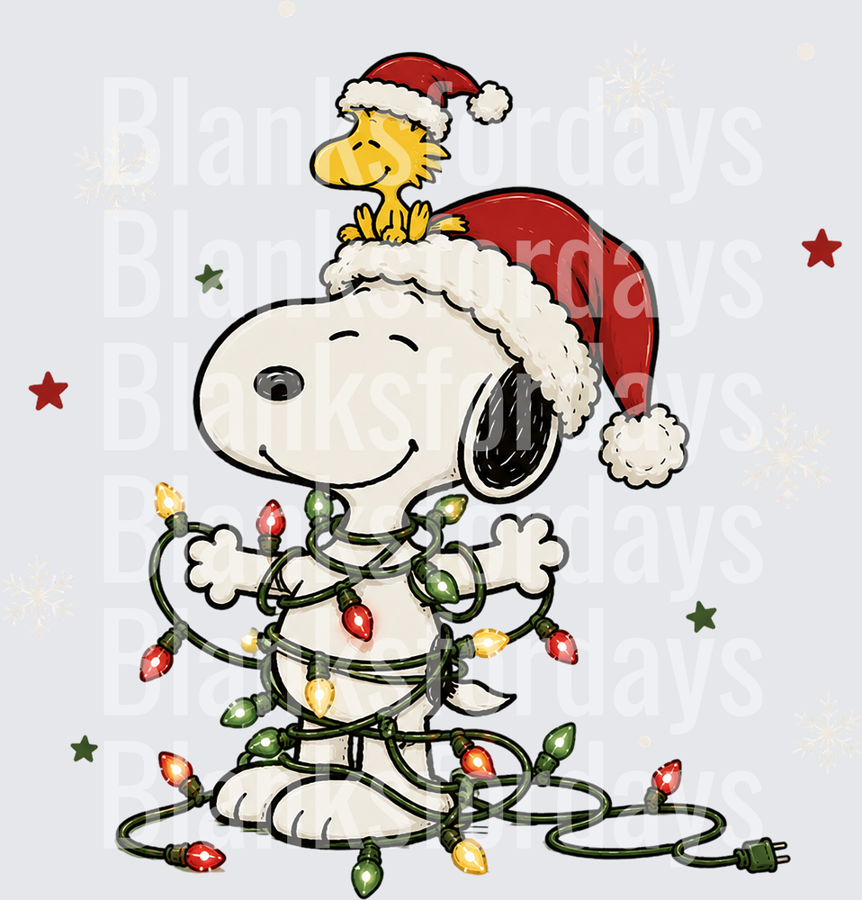 Snoopy and Woodstock Tangled in Christmas Lights Santa Hat (DTF)