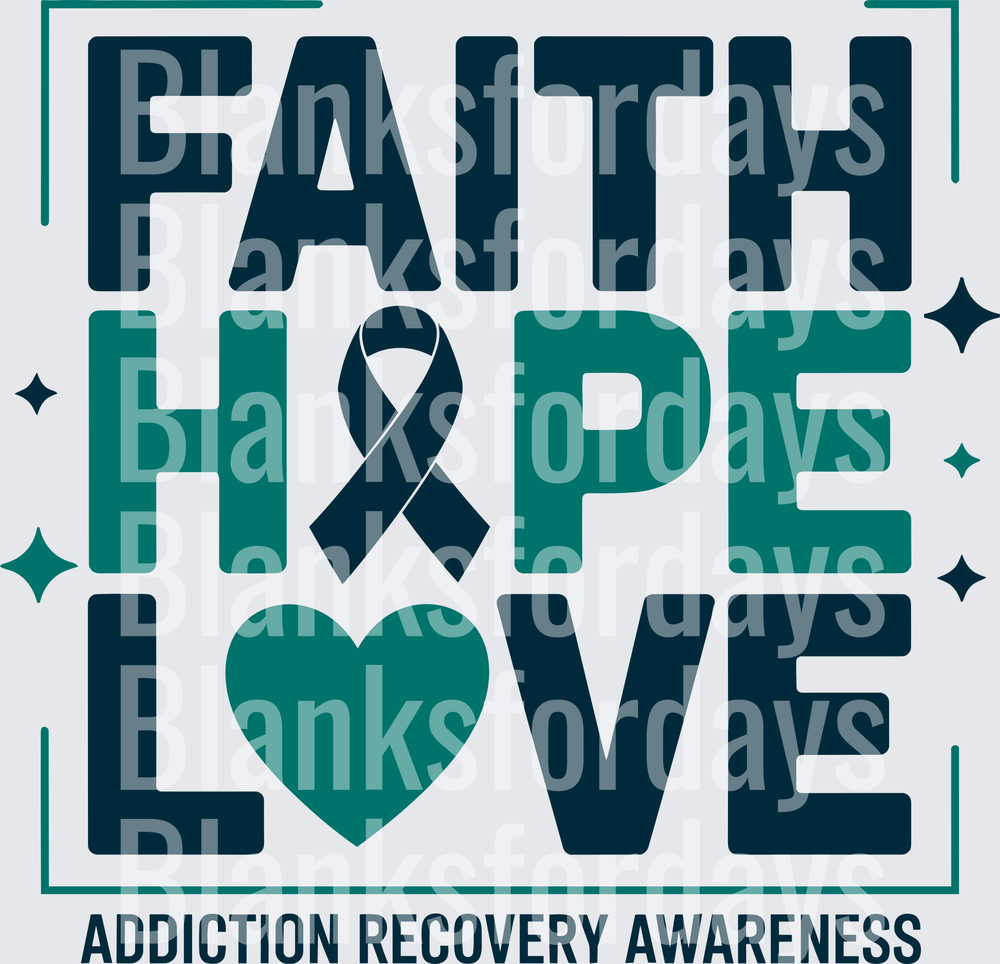 Faith Hope Love Addiction Recovery Awareness Ribbon Heart (DTF)