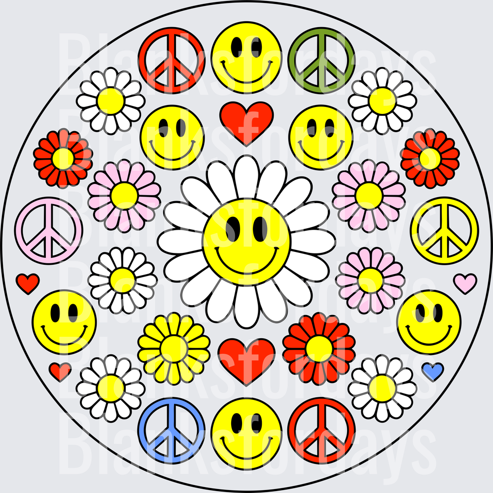 Groovy Peace Sign Smiley Face Daisy Flower Circle Collage (DTF)