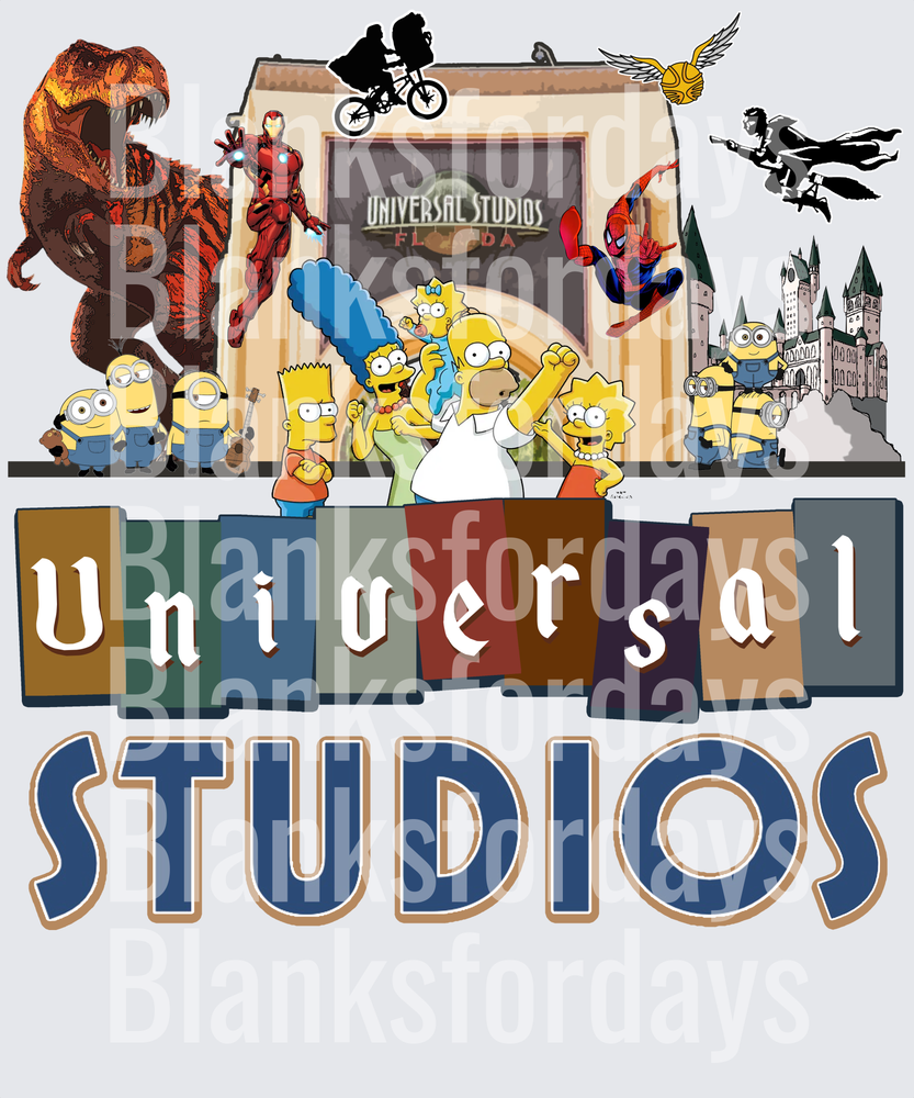 Universal Studios Florida Characters Collage Iron Man Simpsons Minions Spider-Man Harry Potter ET T-Rex (DTF)
