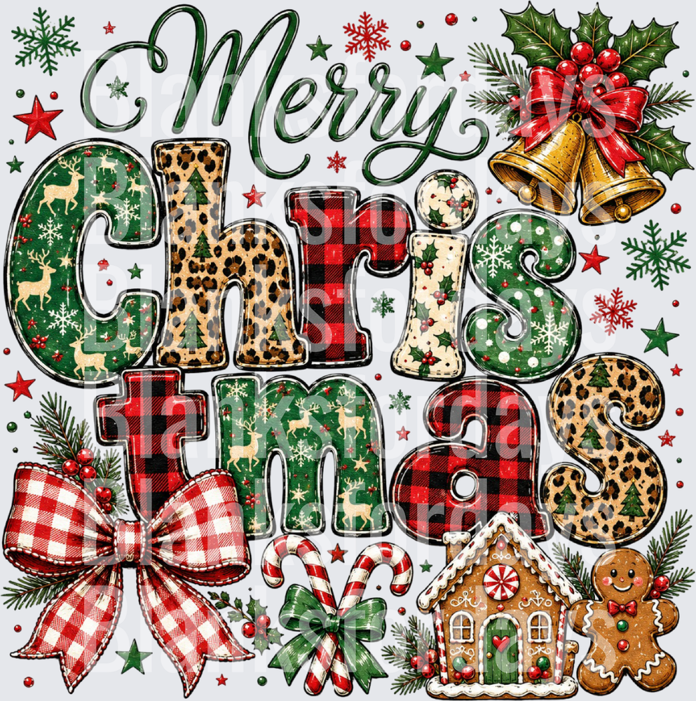 Merry Christmas Mixed Pattern Letters Gingerbread Holiday (DTF)