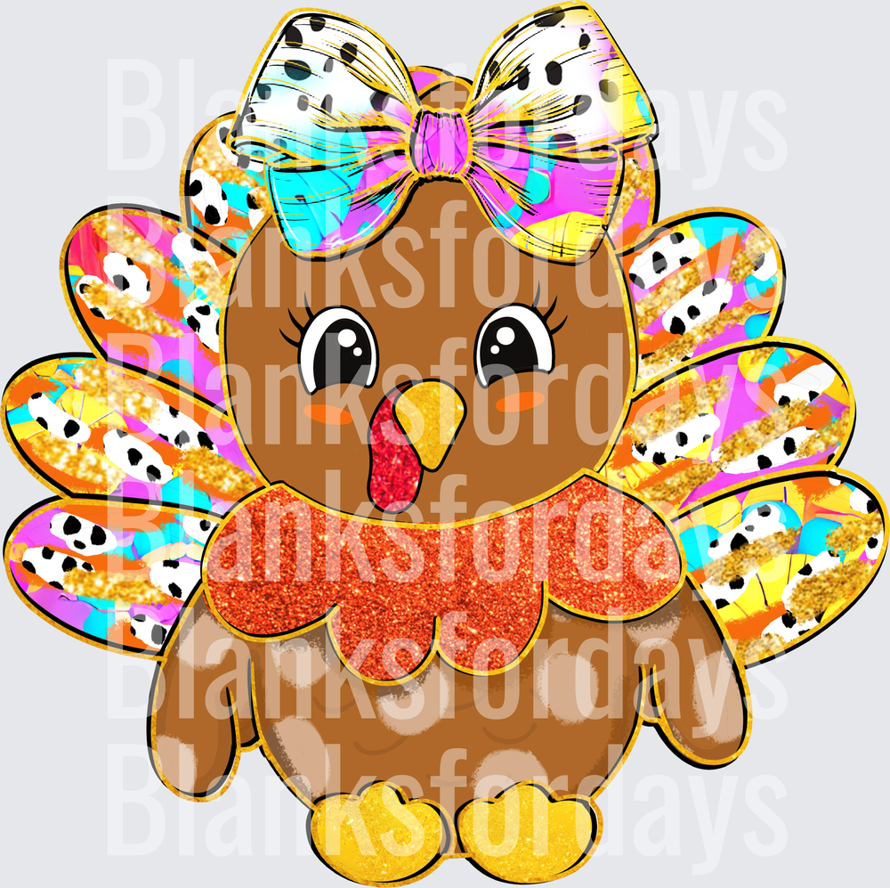 Cute Girl Turkey Bow Glitter Colorful Feathers Thanksgiving (DTF)