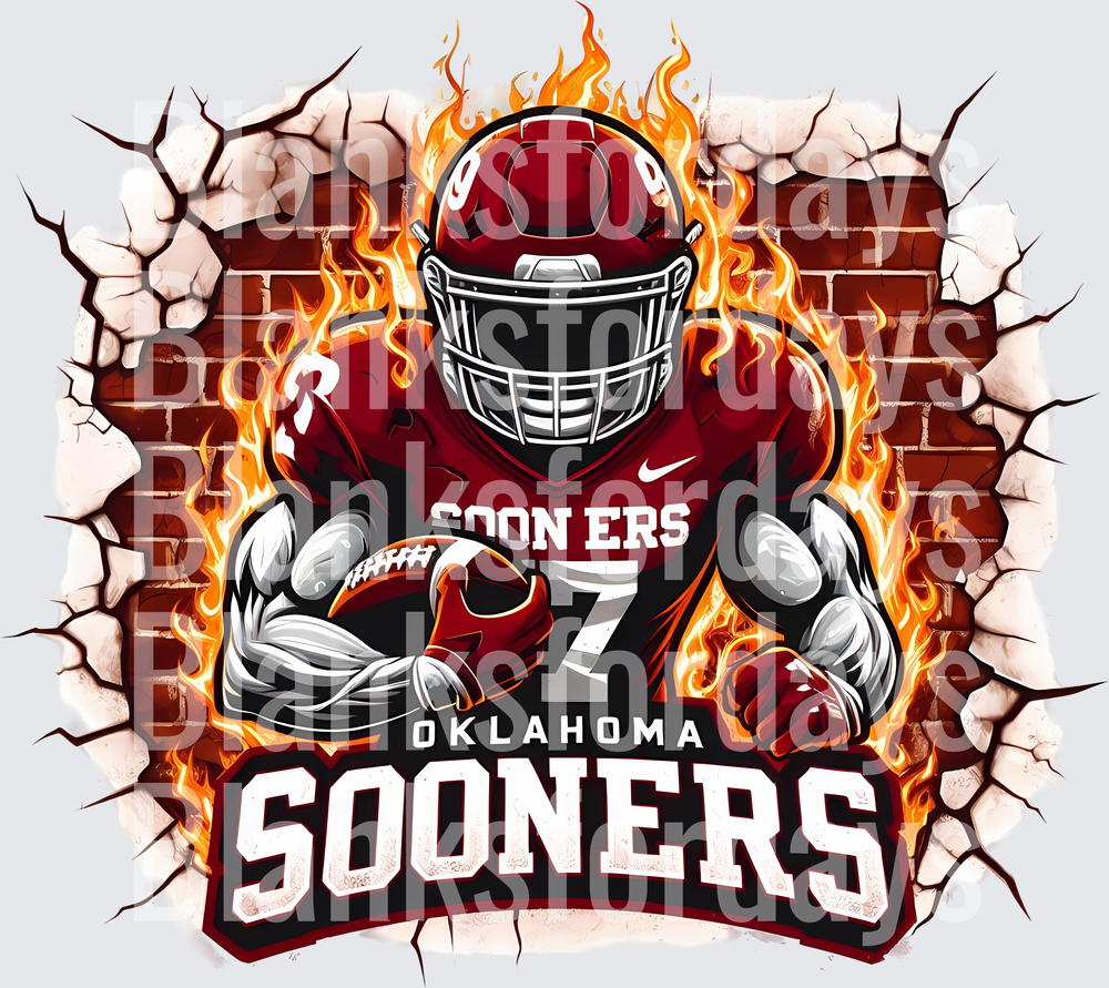 Oklahoma Sooners Flaming Football Player Cracked Wall (DTF)