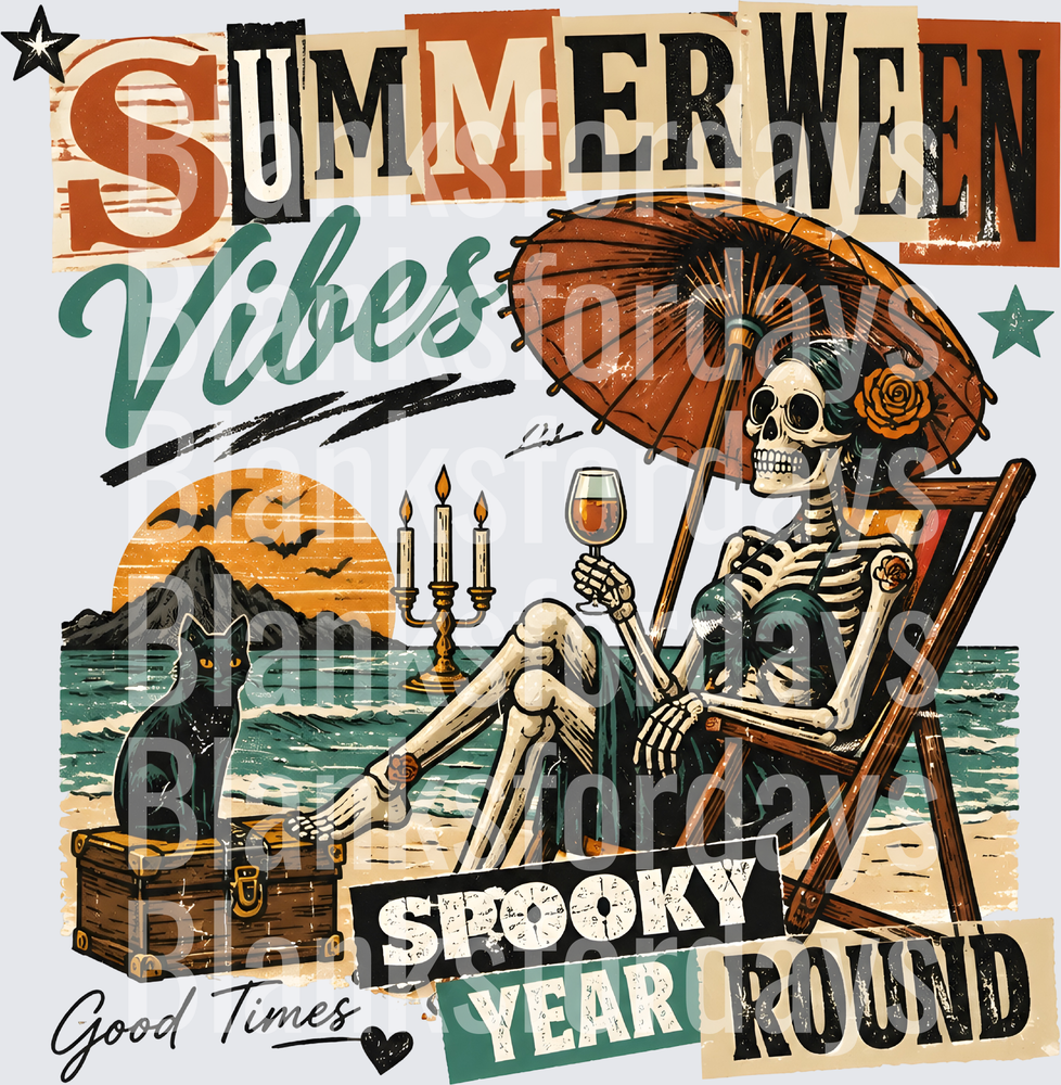 Summerween Vibes Spooky Year Round Skeleton Beach Scene (DTF)